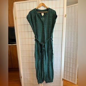 Navy and Green Maeve Anthropologie Geoscope Rayon Button Up Jumpsuit, Medium